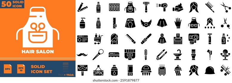 Hair Salon Solid Editable Icons set. Vector illustration in modern thin solid style of hair salon icons: barber pole, comb, razor blade, etc