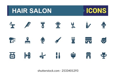 Hair salon solid icon collection. Related to scissors, blow dryer, comb, salon chair, and hair products. Minimalist filled icons set. Edtable and pixel perfect.