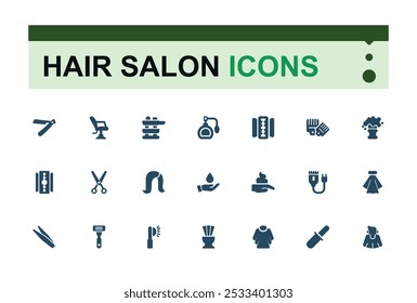 Hair salon solid icon collection. Related to scissors, blow dryer, comb, salon chair, and hair products. Minimalist filled icons set. Edtable and pixel perfect.