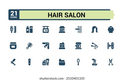 Hair salon solid icon collection. Related to scissors, blow dryer, comb, salon chair, and hair products. Minimalist filled icons set. Edtable and pixel perfect.