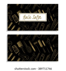 Hair salon. Hair stylist. Vector set  of visit card with pattern. Hand drawn illustration.