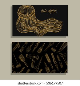 Hair salon. Hair stylist. Vector set of logotype and visit card. Sketch illustration.