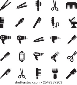 Ícones de ferramenta de salão de cabelo preto Silhueta Vetor coleção para beleza e cabeleireiro