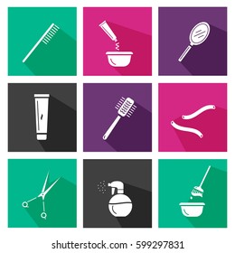 Hair salon tools.Colorful icons with long shadows.