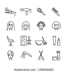 Hair Salon vector icons set. Icons haircut, Perm, coloring, washing, straightening hair. Hair care. Black outline isolated on a white background. For web design, mobile, ui. 