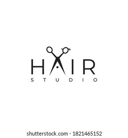 Hair salon vector logo. Hair stylist emblem. Beauty haircut salon logo with scissors