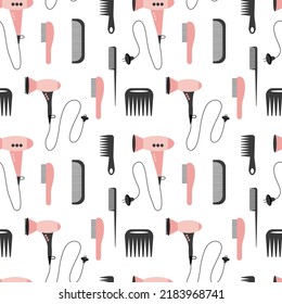 Hair salon vector seamless pattern. Flat seamless pattern with hair dryer and comb on white background.