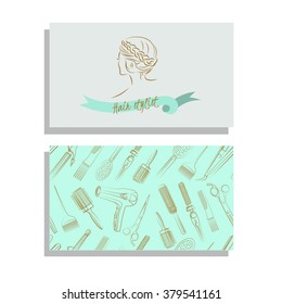 Hair salon. Vector set of logotype and visit card. Hand drawn illustration.