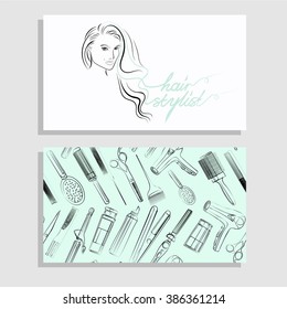 Hair salon. Vector set of logotype and visit card. Hand drawn illustration.