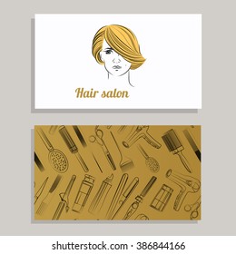 Hair salon. Vector set of logotype and visit card. Hand drawn illustration.