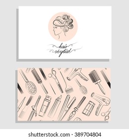 Hair salon. Vector set of logotype and visit card. Hand drawn illustration.