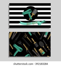 Hair salon. Vector set of logotype and visit card. Hand drawn illustration.