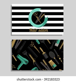 Hair salon. Vector set of logotype and visit card. Hand drawn illustration.