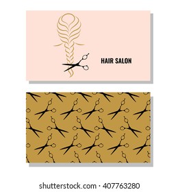 Hair salon. Vector set of logotype and visit card. Hand drawn illustration.