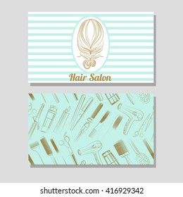 Hair salon. Vector set of logotype and visit card with tiffany blue background. Hand drawn illustration.