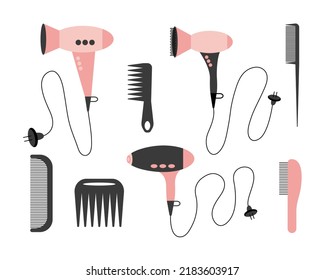 Hair salon vector tools set. Hair dryer and comb kinds flat illustration set.