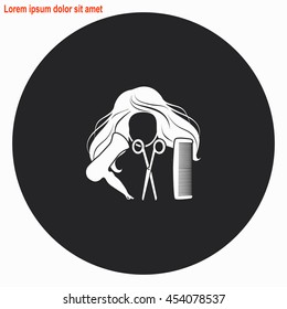 Hair salon web icon. Gray circle button with white illustration.