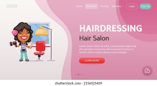 Hair Salon website template. Illustration of a smiling woman hairdresser at barbershop. Composition with a professional. Flat female character.