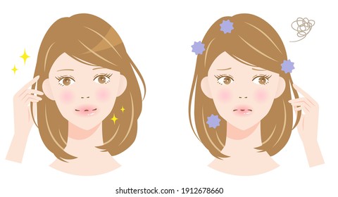 hair and scalp odor young woman before after illustration. Hair care beauty concept