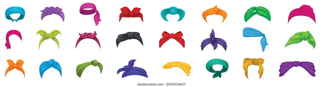 Hair scarf icons set cartoon vector. Head woman messy. Hairstyle fashion band