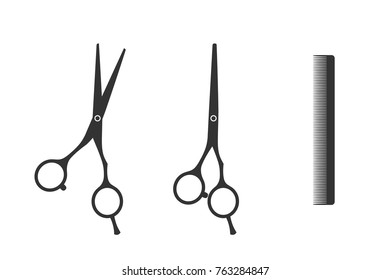 hair scissors, barber scissors, comb vector flat illustration on white background