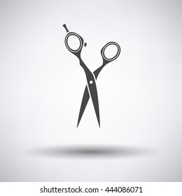 Hair scissors icon on gray background, round shadow. Vector illustration.