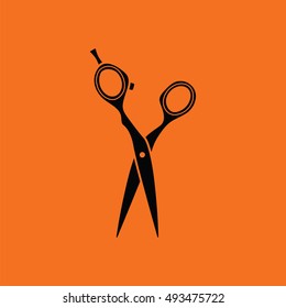 Hair scissors icon. Orange background with black. Vector illustration.