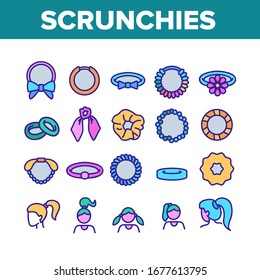 Hair Scrunchies Bands Collection Icons Set Vector. Hair Scrunches Headband Fabric Elastic Accessory Decorated Bow And Flower Concept Linear Pictograms. Color Contour Illustrations