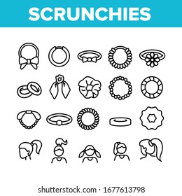 Hair Scrunchies Bands Collection Icons Set Vector. Hair Scrunches Headband Fabric Elastic Accessory Decorated Bow And Flower Concept Linear Pictograms. Monochrome Contour Illustrations