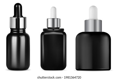 Hair serum dropper bottle, black glass vector mockup. eye pipette bottle, luxury packaging. Cosmetic essence flask, natural beauty aroma, face treatment packaging illustration