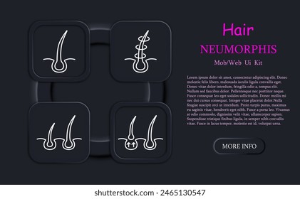 Hair set icon. Cut, cream, shampoo, trichology, moisturizing, shine, skin itching, neomorphism, hair cream, nutrition, strengthening, split ends, salon procedures, fragility. Hair care concept.