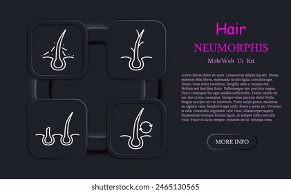 Hair set icon. Cut, cream, shampoo, trichology, moisturizing, shine, skin itching, neomorphism, hair cream, nutrition, strengthening, split ends, salon procedures, fragility. Hair care concept.