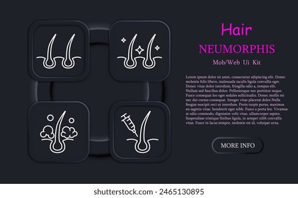 Hair set icon. Cut, cream, shampoo, trichology, moisturizing, shine, skin itching, neomorphism, hair cream, nutrition, strengthening, split ends, salon procedures, fragility. Hair care concept.