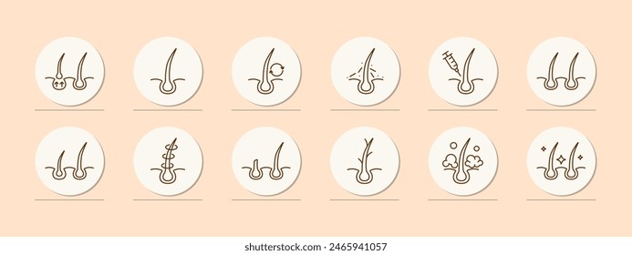 Hair set icon. Cut, cream, shampoo, trichology, moisturizing, shine, skin itching, volume, hair cream, nutrition, strengthening, split ends, salon procedures, fragility. Hair care concept.