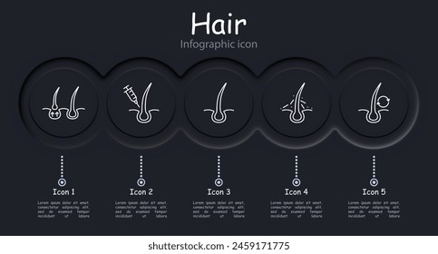 Hair set icon. Cut, infographic, shampoo, trichology, moisturizing, shine, skin itching, volume, hair cream, nutrition, strengthening, split ends, salon procedures, fragility. Hair care concept.