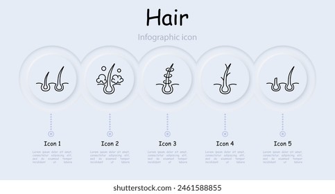 Hair set icon. Cut, infographic, shampoo, trichology, moisturizing, shine, skin itching, volume, hair cream, nutrition, strengthening, split ends, salon procedures, fragility. Hair care concept.