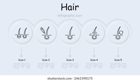 Hair set icon. Cut, infographic, shampoo, trichology, moisturizing, shine, skin itching, volume, hair cream, nutrition, strengthening, split ends, salon procedures, fragility. Hair care concept.