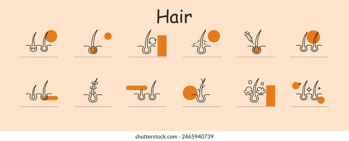 Hair set icon. Follicle, growth, injection, treatment, loss, transplant, removal, care. Health, beauty, therapy, medical.