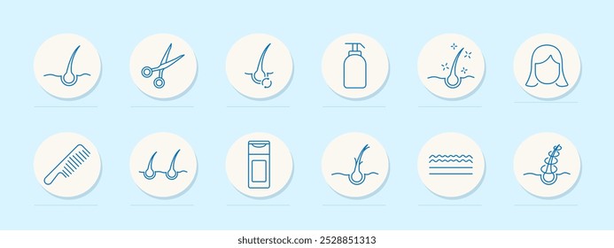 Hair set icon. Hair follicle, scissors, care products, scalp treatment, split ends, shampoo, structure, cuticle, healthy , womans hairstyle, growth.