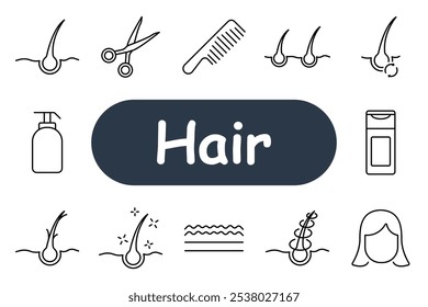 Hair set icon. Hair follicle, scissors, comb, shampoo, conditioner, curly, scalp, care. Icons related to hair growth, cutting, and care products for hair maintenance