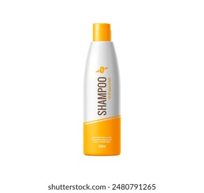 Hair shampoo bottle package cosmetic product template. Isolated 3d vector realistic mockup of white and orange bottle of shampoo, providing cleansing and moisturizing to keep hair fresh and healthy