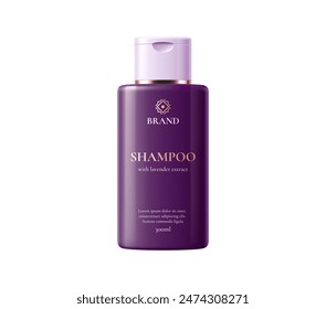 Hair shampoo bottle, purple package cosmetic product template. Isolated realistic 3d vector plastic shampoo container mockup with lavender extract. Hair care professional and luxury cosmetics line