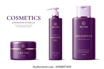 Hair shampoo bottle, shower gel and body cream purple packages cosmetic product template. Professional line with lavender extract of body care cosmetics. Realistic 3d vector jar and bottle mockups