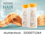 Hair shampoo or conditioner, cosmetic bottles and shining hair vector ad banner. Professional care lotion tubes for intensive repair. Cosmetics beauty product advertising, realistic 3d template