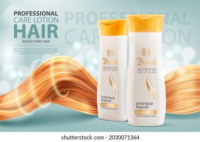 Hair shampoo or conditioner, cosmetic bottles and shining hair vector ad banner. Professional care lotion tubes for intensive repair. Cosmetics beauty product advertising, realistic 3d template