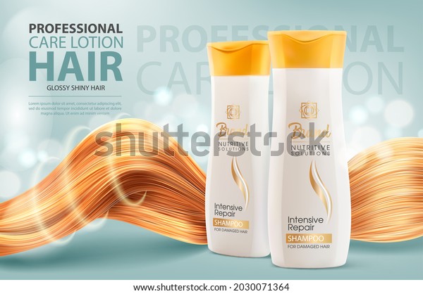Hair shampoo or conditioner, cosmetic bottles\
and shining hair vector ad banner. Professional care lotion tubes\
for intensive repair. Cosmetics beauty product advertising,\
realistic 3d template