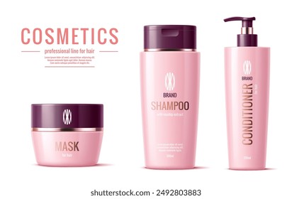 Hair shampoo, conditioner and mask pink packages. Cosmetic product templates. Realistic 3d vector luxurious containers for nourishing and revitalizing hair. High-quality product ensures healthy locks