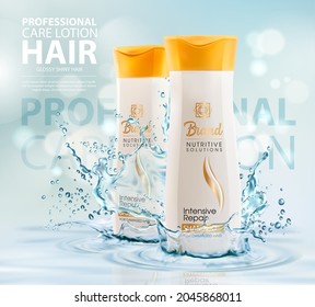 Hair Shampoo Or Lotion In Transparent Water Splash. Care Lotion Or Conditioner Cosmetic Bottles Ad Banner. Professional Care Tubes For Intensive Repair. Cosmetics Beauty Product Realistic 3d Template