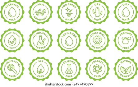 hair shampoo outline icon round rounded circle badge stamp label isolated on transparent background, green stamp set, icon set