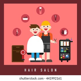 hair shop Hairdresser and customer vector illustration